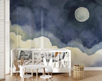 Watercolor Starry Night Sky Wallpaper: Calm Nursery Decor, Peel and Stick Mural