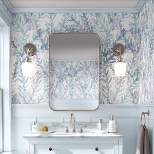 Removable Coastal Sea Coral Wallpaper – Peel and Stick Watercolor Leaf Botanical Wall Mural - Soft Pastel Blue Nautical Bathroom Wall Decor