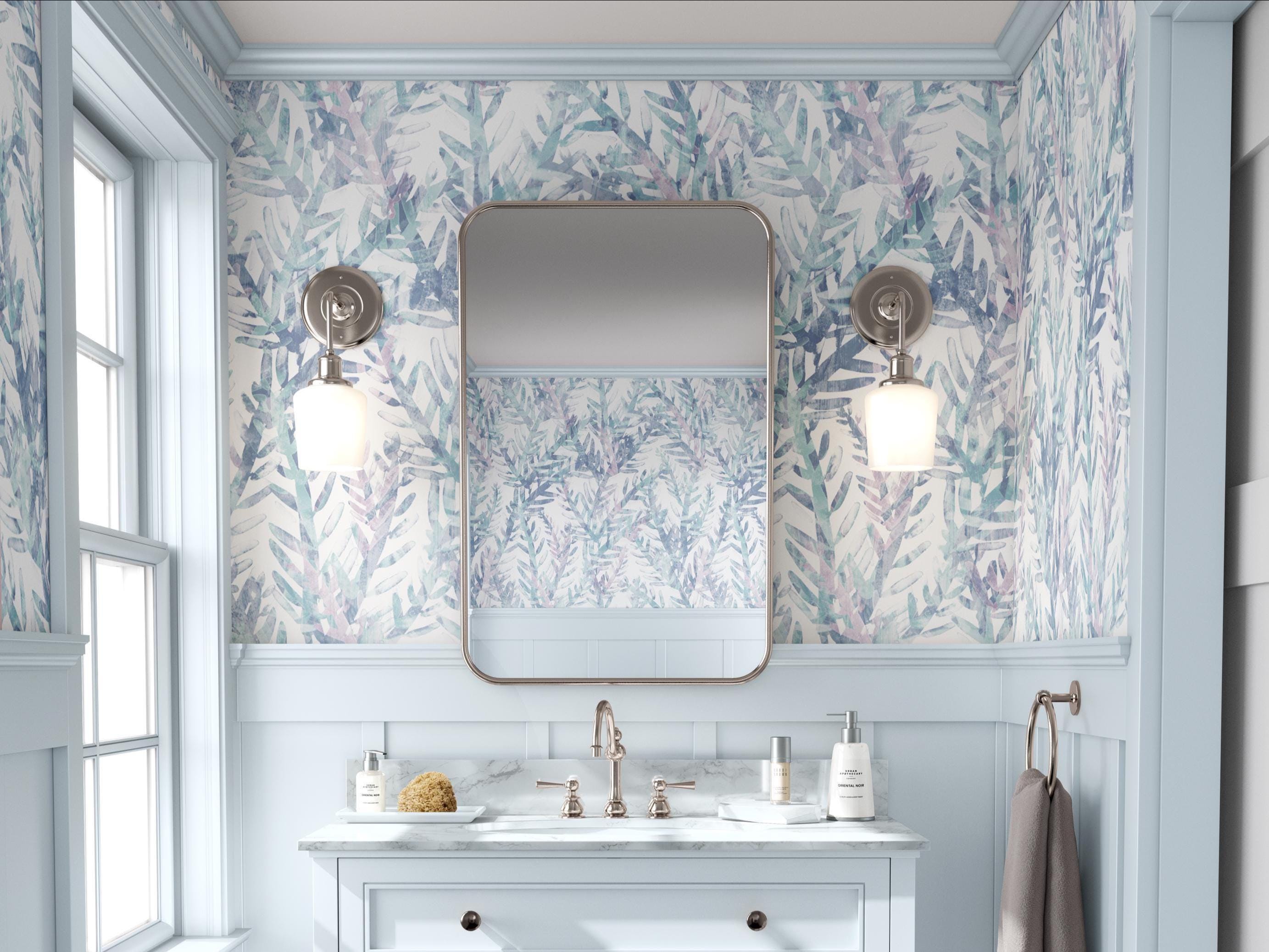 Removable Coastal Sea Coral Wallpaper – Peel and Stick Watercolor Leaf Botanical Wall Mural - Soft Pastel Blue Nautical Bathroom Wall Decor