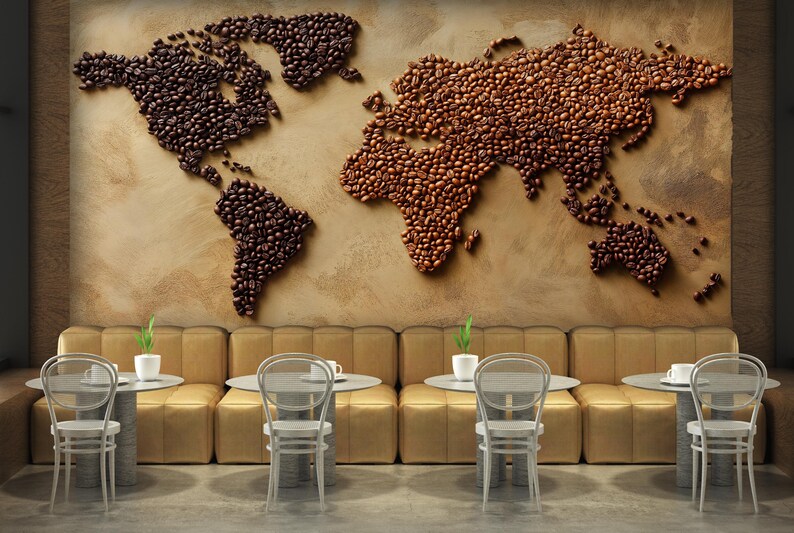 Coffee Shop Cafe Wallpaper - World Map Made of Coffee Beans Textured ...
