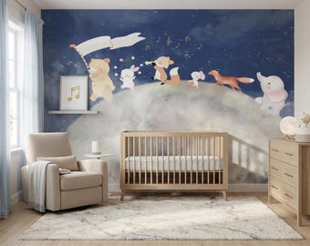 Forest Animals Moon Kids Wall Mural - Starry Night Sky Nursery Wallpaper ( Peel Stick / Traditional )