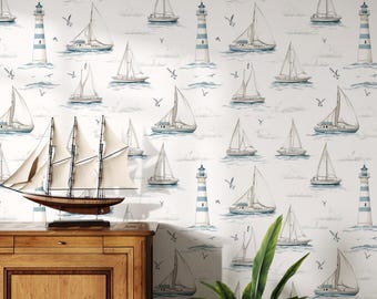 Watercolor Nautical Peel and Stick Wallpaper: Coastal Lighthouse, Sailboats