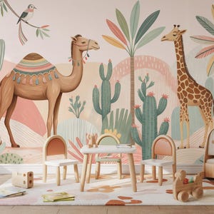 Safari Animals & Desert Wallpaper with Camel Giraffe Cactus – Removable Peel and Stick Mural for Kids Room Nursery or Playroom Jungle Decor
