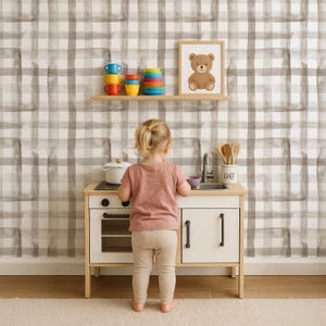 Neutral Beige Plaid Peel and Stick Wallpaper for Nursery, Kids Room, or Playroom – Removable Self Adhesive Modern Farmhouse Wall Décor