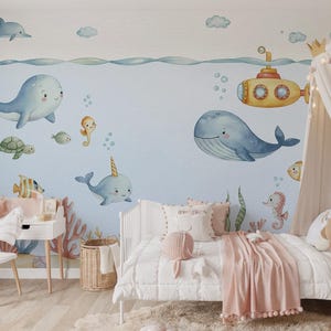 Under the Sea Animals Peel and Stick Wallpaper – Ocean Nursery Coastal Wall Mural – Cute Sea Life Self Adhesive Decor Baby Toddler Kids Room