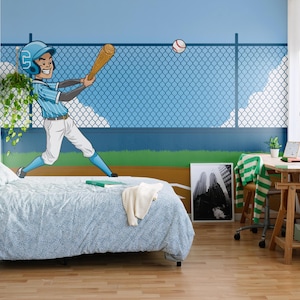 Baseball Peel and Stick  Wallpaper for Kids Room – Removable Cartoon Sports Theme Wall Mural |Athletic Boys Bedroom Self Adhesive Wallpaper