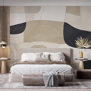 Modern Abstract Peel and Stick Wallpaper Mural – Neutral Beige and Black Line Art Wall Decor – Removable Self Adhesive Living Room Design