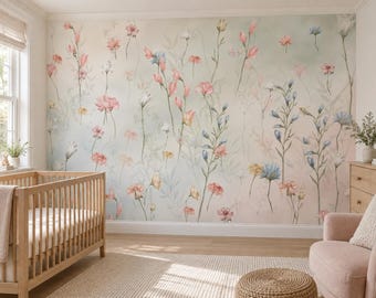 Wildflower Nursery Wallpaper, Pastel Garden Wall Mural, Peel and Stick or Traditional