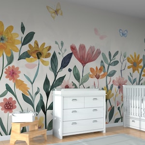 Wildflower Wallpaper, Floral Wallpaper, Nursery Kids Flower Wallpaper, Watercolor Wallpaper, Baby Girl Wall Removable Peel and Stick Mural