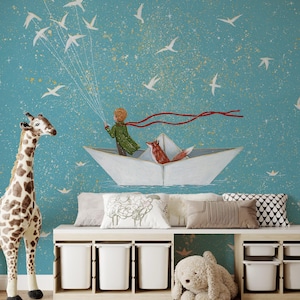 Whimsical Kids Wallpaper - Little Prince Peel and Stick Blue Wall Mural - Self Adhesive Nursery Dreamy Nordic Wall Art - Child & Baby Room