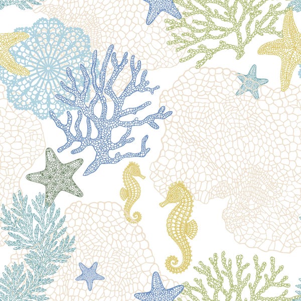 Coastal Coral Reef Wallpaper , Seahorse Starfish Ocean Wall Mural, Nautical Bathroom Nursery Decor