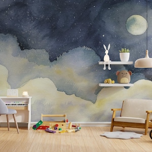 Removable Watercolor Starry Night Sky Nursery Wallpaper – Moon & Clouds Mural – Peel and Stick or Non-Adhesive – Baby Room Wall Art Decor