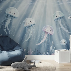Peel and Stick Underwater Jellyfish Wallpaper  – Ocean Theme Nursery Wall Mural – Self Adhesive Sea Life Decor for Kids & Baby Playroom