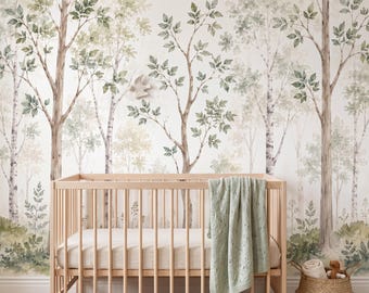 Watercolor Tree Nursery Wallpaper, Sage Green Birch and Leafy Forest Mural, Gender Neutral Woodland Baby Room Decor, Peel and Stick