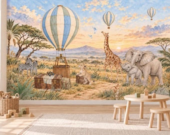 Safari-Kinderzimmertapete, Heißluftballon-Tiermotiv, selbstklebend oder traditionell