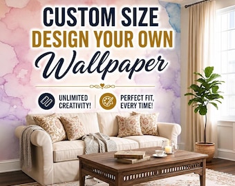 Può includere: Un murale con un effetto acquerello nelle tonalità del rosa, viola e blu. Il testo recita: CUSTOM SIZE DESIGN YOUR OWN Wallpaper, UNLIMITED CREATIVITY! e PERFECT FIT, EVERY TIME! Il murale è posizionato dietro un divano di colore beige.