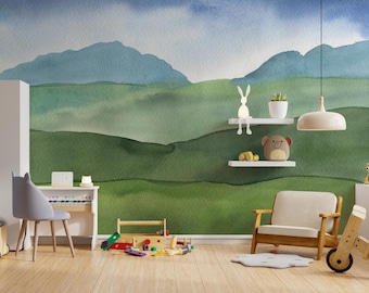 Watercolor Mountain Nursery Wallpaper: Peel and Stick Removable Mural