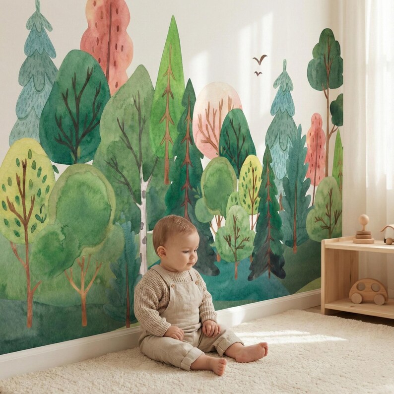 Watercolor Forest Nursery Wallpaper, Woodland Trees Mural, Baby & Kids ...