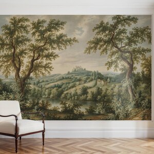 Vintage Countryside Scene Wallpaper • Pastoral Landscape Peel and Stick Wall Mural • Removable Self Adhesive Rustic Vintage Wallpaper