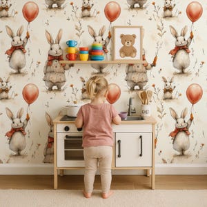 Cute Bunny Nursery Wallpaper Mural – Removable Peel and Stick Funny Rabbit Wall Decor for Baby Room, Toddler Playroom, Woodland Animal Decor