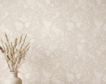Beige & Cream Floral Wallpaper , Vintage Botanical Wall Mural, Minimalist Neutral Flower Decor, Peel and Stick / Traditional