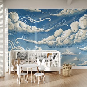 Sky Cloud Nursery Self Adhesive Wall Mural – Whimsical Blue Sky Removable Peel Stick Wallpaper for Playroom Baby Room Decor Kids Boys Girls