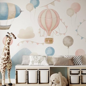Pastel Hot Air Balloon Wallpaper Kids Nursery | Watercolor Peel and Stick Wall Mural | Sky & Clouds Self Adhesive Wall Decor Baby Girl Boy