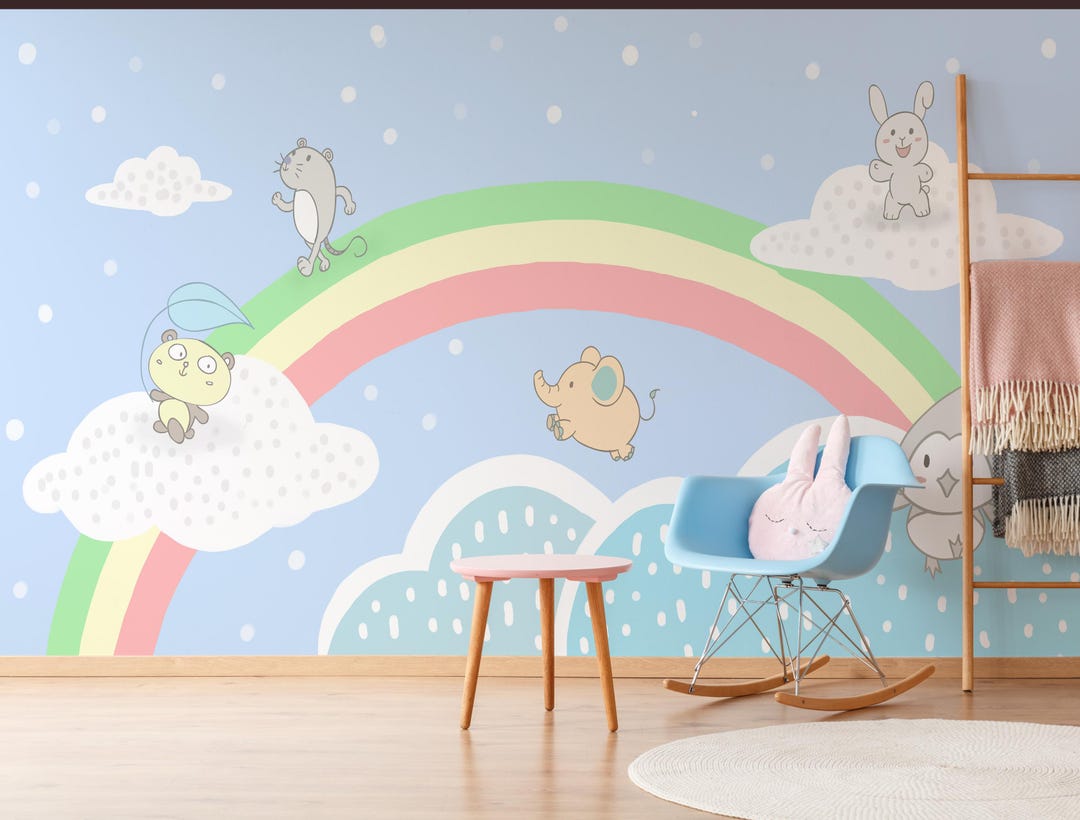 Rainbow and Cute Animals Peel and Stick Nursery Wallpaper – Cartoon ...