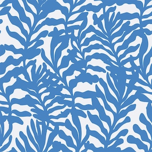 May include: A seamless pattern featuring blue stylized leaves on a white background. The leaves are arranged in a repeating pattern, creating a sense of movement and energy.
