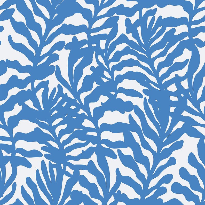 May include: A seamless pattern featuring blue stylized leaves on a white background. The leaves are arranged in a repeating pattern, creating a sense of movement and energy.