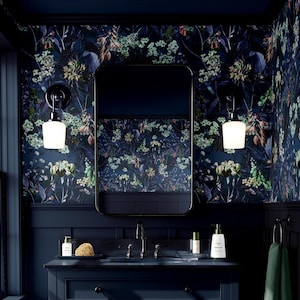 Navy Blue Floral Peel and Stick Wallpaper: Vintage Botanical Wall Mural