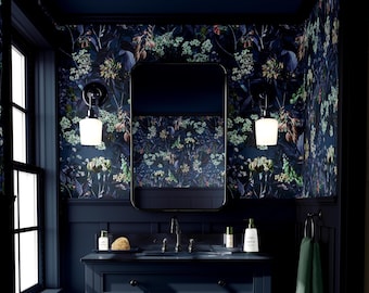 Navy Blue Floral Peel and Stick Wallpaper: Vintage Botanical Wall Mural