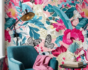 Maximalist Tropical Leopard Floral Wallpaper - Pink Botanical Exotic Jungle Mural (Peel and Stick / Traditional )