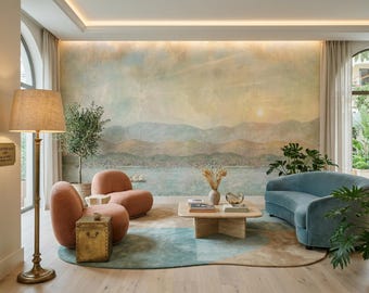Vintage Landschaft Wandbild - Weiche Malerische Natur Tapete Berge Seeblick (Peel Stick / Traditionell)