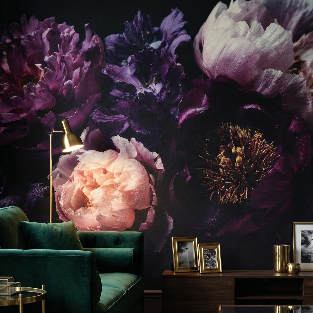 Dark Floral Peony Wallpaper - Moody Botanical Peel and Stick Mural - Etsy