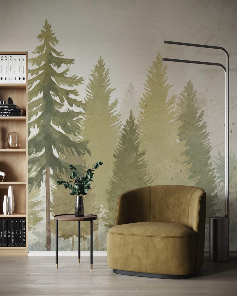 Watercolor Pine Forest Wallpaper Mural: Peel and Stick Green Landscape ...