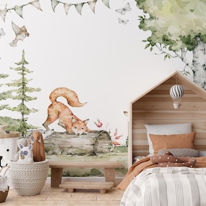 Forest Animal Nursery Wallpaper for – Removable Peel and Stick Woodland Wall Mural - Fox, Deer, Trees Gender Neutral Baby or Kids Room Decor