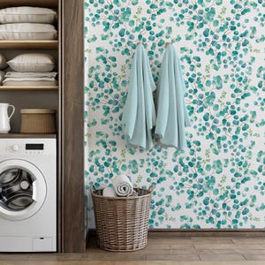 Watercolor Eucalyptus Bathroom Wallpaper – Botanical Green Peel and Stick Wall Mural | Removable Foliage Design for Powder Room, Bedroom
