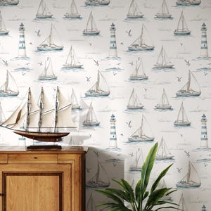 Coastal Nautical Wallpaper | Watercolor Boat Lighthouse Bathroom Border Wallpaper | Lake House Wall Mural | Peel and Stick Nursery Wallpaper