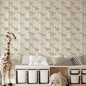 Watercolor Dinosaur Nursery Wallpaper – Cute Dino Wall Mural in Soft Pastel Stripes | Removable Peel and Stick Kids Room Decor for Girl Boy