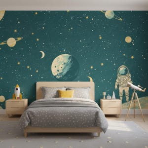 Space Theme Kids Room Wallpaper , Astronaut and Planet Celestial Wall Mural for Boys Nursery or Classroom, Removable Galaxy Decor