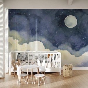 Watercolor Starry Night Sky Moon & Clouds Nursery Wallpaper – Peel and Stick or non Self Adhesive Textured Wall Mural – Calm Baby Room Decor