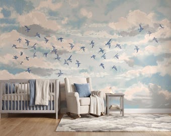 Blue Cloud Nursery Wallpaper,  Watercolor Flying Birds & Sky Kids Wall Mural ( Peel Stick / Traditional )
