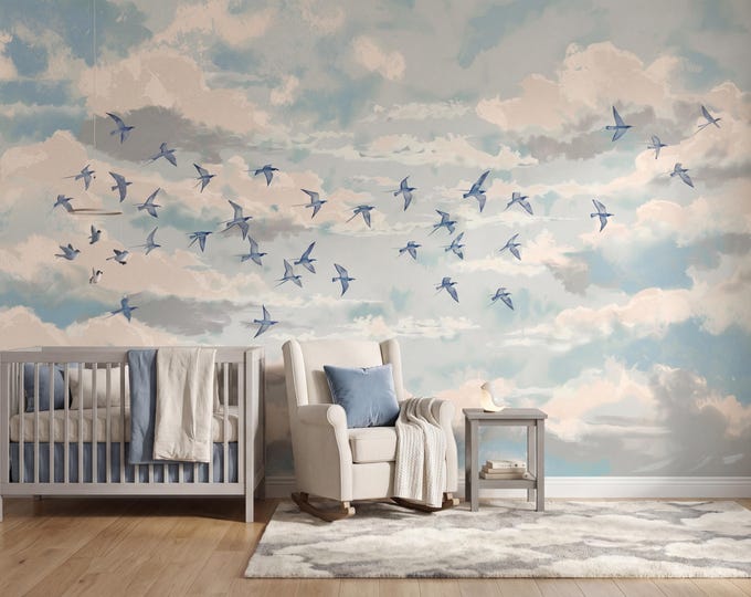 Featured listing image: Blue Cloud Nursery Wallpaper,  Watercolor Flying Birds & Sky Kids Wall Mural ( Peel Stick / Traditional )