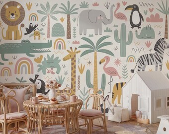 Jungle Safari Animals Nursery Wallpaper Mural: Peel and Stick Adventure ...