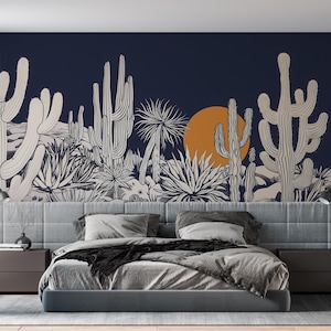 Desert Cactus Peel and Stick Wallpaper Mural – Bold Southwestern Wall Art with Night Sky and Sun for Bedroom, Living Room or Boho Decor
