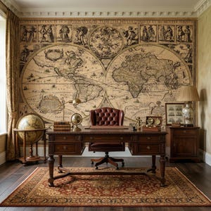 Mural con mapa del mundo vintage, papel pintado con globo terráqueo antiguo del siglo XVII, para estudio u oficina (autoadhesivo).