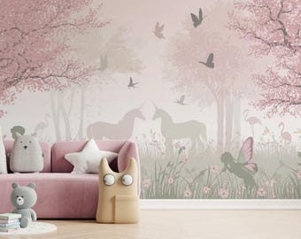 Unicorn Fairy Forest Wallpaper: Pink Nursery Mural, Removable Wall Decor