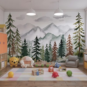 Watercolor Woodland Nursery Wallpaper Mural: Peel and Stick Forest Scene