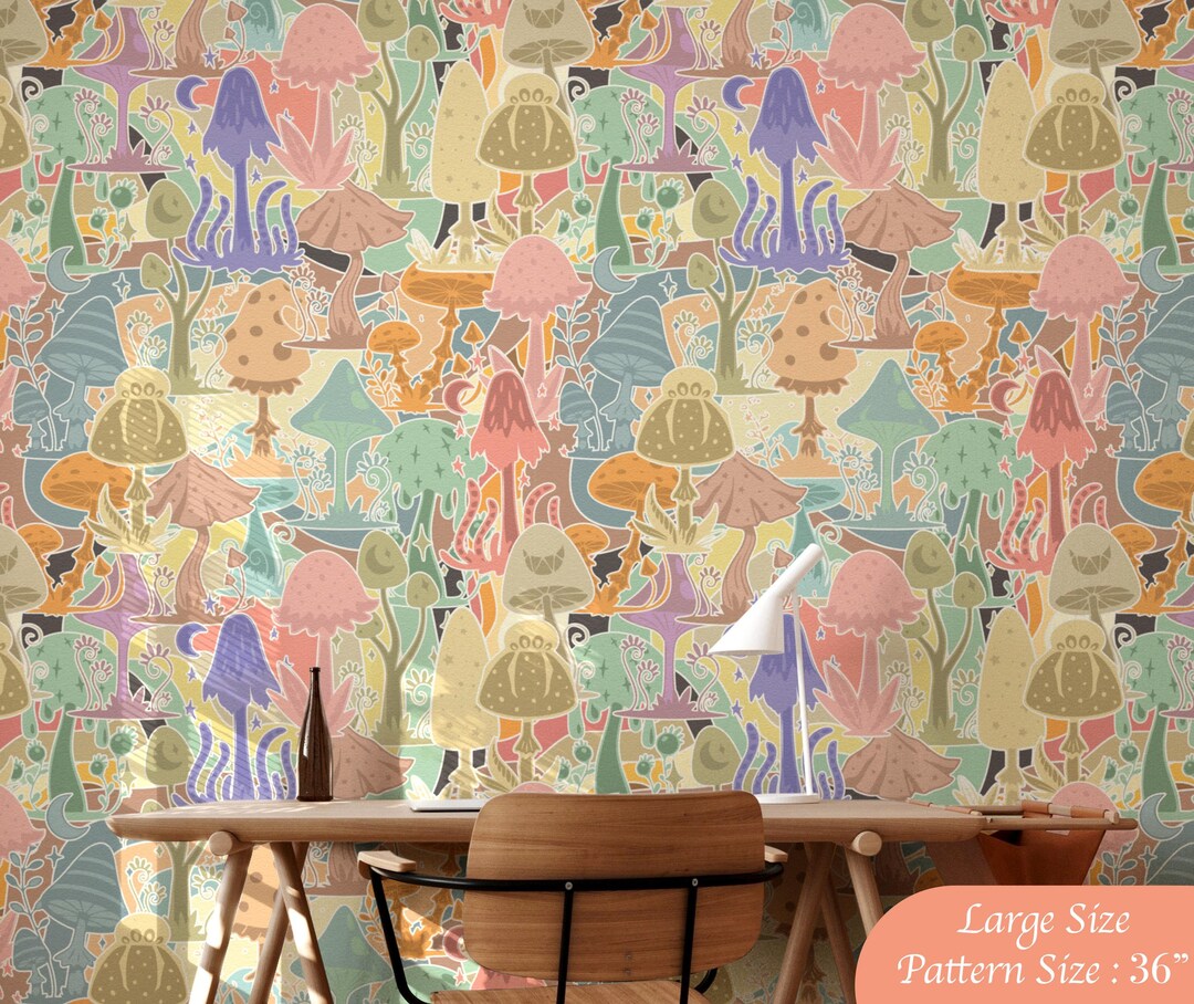 Retro Mushroom Wallpaper Moody Botanical Whimsical Funky Wall Mural ...